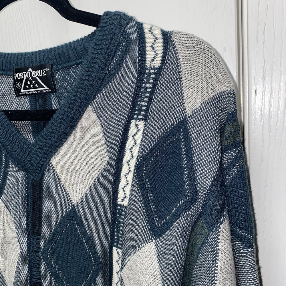 Vintage Portocruz‎ V-Neck Teal Grey Argyle Knit Sweater Art Medium - Picture 2 of 14